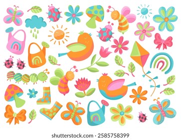 Spring Garden Cute Vetor Clipart Collection Aves coloridas, Botas de chuva, Flores, Lagarta listrada, Pipa e Lata de regar com arco-íris e cogumelos. Elementos de design para desenhos de roupas infantis
