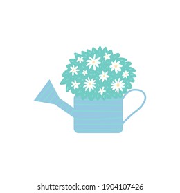 Spring garden cute watering can with chamomile in hand drawn style. Happy gardening poster design. Vector illustration on white.