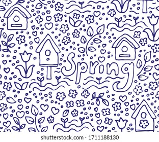 Spring garden doodle seamless pattern. Outline cute print of flowers, bird house, heart shape, leaves and seedling. Hand drawn vector illustration.