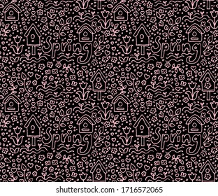 Spring garden doodle seamless pattern. Cute print of flowers, bird house, heart shape, leaves and seedling. Hand drawn vector illustration.