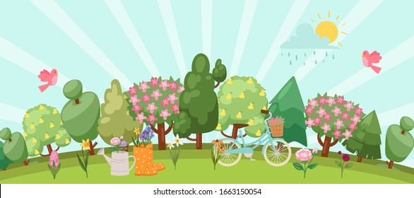 Spring garden easter concept with birds, blooming trees, grass, dandelions and daisies in gum boot and watering can, bike cartoon vector illustration. Spring garden for easter background.