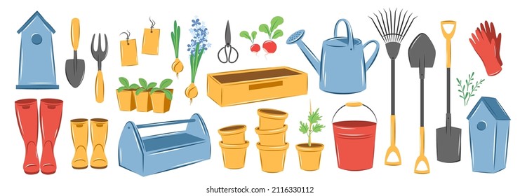 Spring garden element set. Farm agricultural tools. Vector illustration.