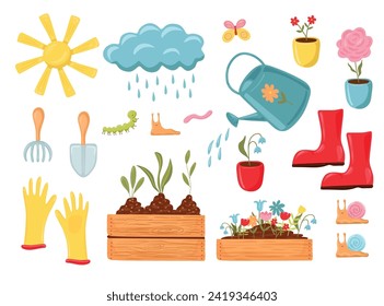 Spring garden elements. A blooming flower, snails and insects. Spring, tools, shovel, rake, watering can and plants, rubber gloves and boots, cartoon vector set isolated on a white background