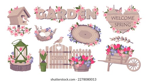 Spring garden elements collection. Lettering GARDEN. Wooden signboard WELCOME SPRING. Spring flowers in a wheelbarrow. Vintage garden lantern. Illustrated vector elements set.