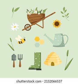 Equipo de jardín de primavera vectores de naturaleza conjunto con lata de riego, macetas de flores, botas, plántulas, abeja. Agricultura de verano objetos de patio trasero rural dibujos animados colección aislada. Elementos del patio trasero del jardín