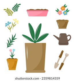  Frühlingsgartenausstattung Naturvektorsymbol mit Blumenkästen. Gartenwerkzeuge und Pflanzenteile