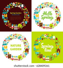 Spring Garden Flat Circles. Vector Illustration of Nature Objects.