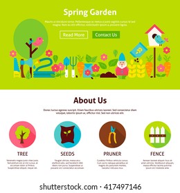 Spring Garden Flat Web Design Template. Vector Illustration for Website banner and landing page. Gardening Tools Header with Icons Modern Design.
