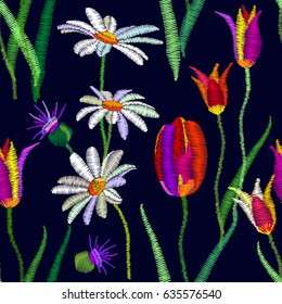 Spring garden. Floral background with embroidered tulips, chamomiles and thistle. 1950s-1960s motifs.