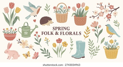 Spring garden floral elements illustrations. Vector set. Floral clipart collection in folk style. Cute Animals, Flowers and Gardening Elements.