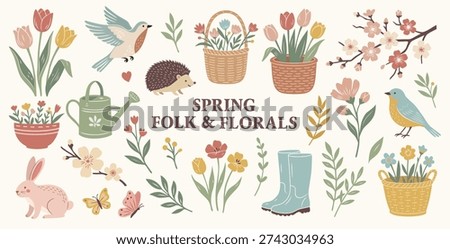 Spring garden floral elements illustrations. Vector set. Floral clipart collection in folk style. Cute Animals, Flowers and Gardening Elements.