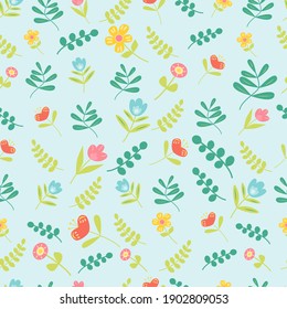 Spring garden, floral seamless pattern with different flowers and leaves. Flat vector illustration