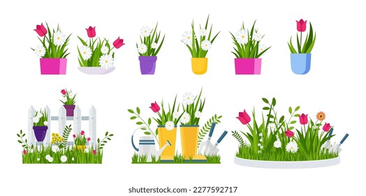 Spring garden. Flower bed, seedlings at the fence. Gardening tools, wheelbarrow and watering can. Vector collection isolated on whie background.