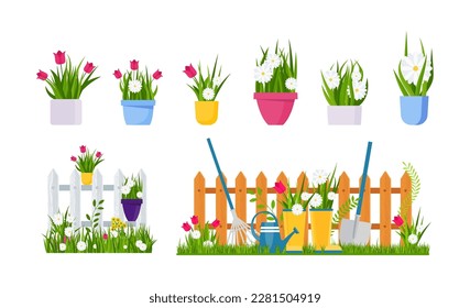 Spring garden. Flower bed, seedlings at the fence. Gardening tools, wheelbarrow and watering can. Vector collection isolated on whie background.