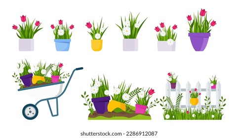 Spring garden. Flower bed, seedlings at the fence. Gardening tools, wheelbarrow and watering can. Vector collection isolated on whie background.