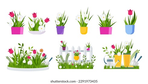 Spring garden. Flower bed, seedlings at the fence. Gardening tools, wheelbarrow and watering can. Vector collection isolated on whie background.
