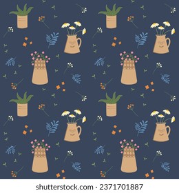 Spring Garden Flower Pots Seamless Pattern Vector