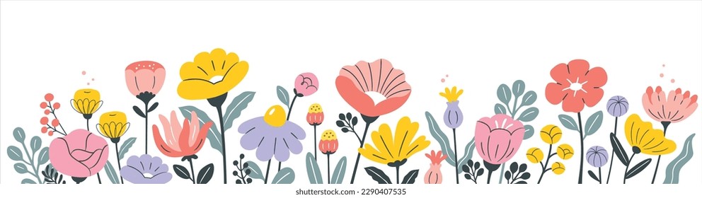 Spring garden flowers banner, botanical flat vector illustration on white background.