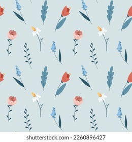 Flores de jardín primaverales doodle sin fisuras con tulipanes rojos, camomila y hojas. Simple diseño minimalista de dibujos animados planos sobre fondo azul claro.