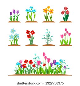 Spring garden flowers icon set. Forest flower isolated on white background. Blossom summer plant collection. Vector floral illustration