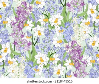 Spring garden flowers, multicolored hyacinths and daffodils, seamless vector illustration