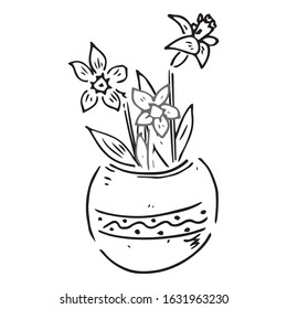 Spring garden flowers. Vector illustration of garden flowers in a pot. Hand drawn spring flowers in a pot.