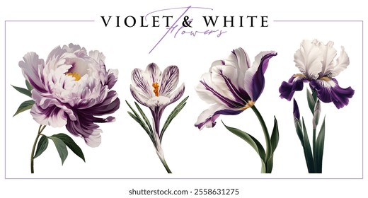 Spring garden flowers with violet-white petals isolated on a white background. Vintage painting style illustration.