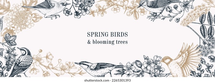 Spring garden frame designs. Vector background with birds, flowers, and blooming tree branches in sketched style. Almond, willow, rowan, willow, cherry blossom vintage banner. Hand-drawn floral sketch