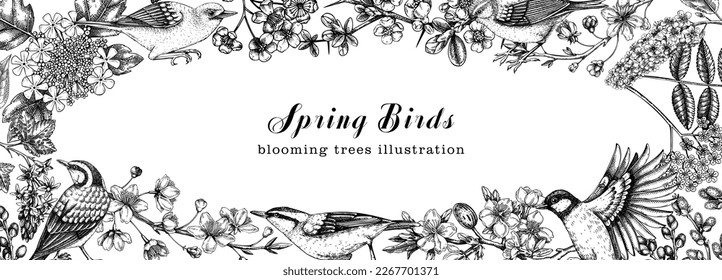 Spring garden frame designs. Vector background with birds, flowers, blooming tree branches in sketched style. Almond, willow, rowan, willow, cherry blossom banner. Hand-drawn floral sketch for print