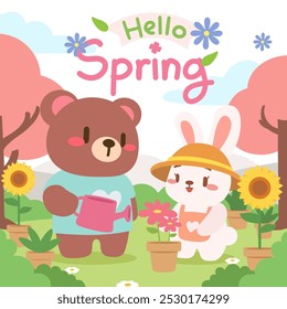 Spring Garden Fun With Bear and Bunny Planting Flowers. Adorable Bear and Bunny Gardening in Springtime