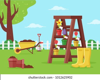 Spring Garden with gardening Equipment and Flowers. Flat Design Style. 