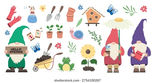 Spring garden gnome set with tools plants animals and accessories vector