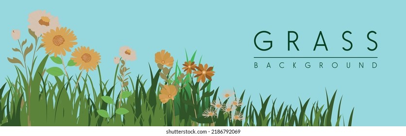 Spring garden grass and flowers border. Cartoon vector flower background. Green elements objects flora