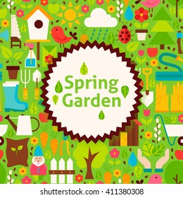 Spring Garden Green Poster Postcard. Flat Style Vector Illustration for Nature Seasonal Promotion Template. Colorful Plants and Flowers for Advertising.