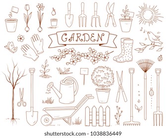 spring garden and hand drawn set of tools and plants