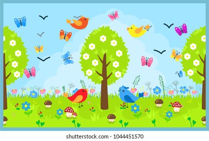 Spring Garden, Horizontal Border For Wallpaper Or Print In The Children's Room. Birds, A Flowering Tree, Butterflies, Flowers And Grass.