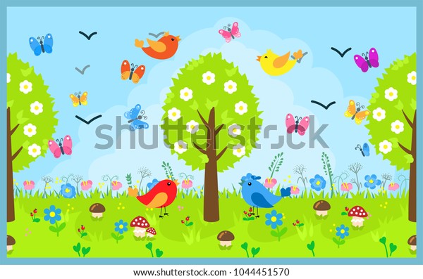Spring garden, horizontal border for wallpaper or print in the children's room. Birds, a flowering tree, butterflies, flowers and grass.