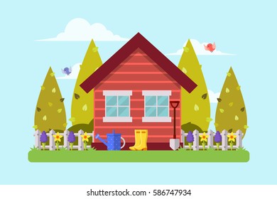 Spring Garden and House. Flat Design Style. 