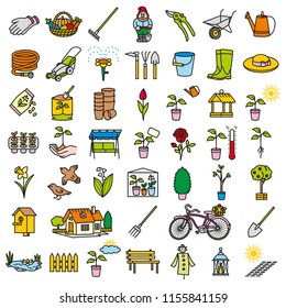 Spring garden icon tool set simple and thin line design color
