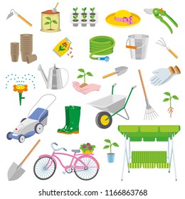 Spring garden icon tool set cartoon style. Garden collection tools isolated on white background illustration