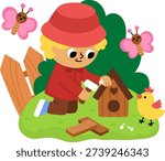 Spring garden illustration with boy building a wooden birdhouse with hammer and nails. Vector country house, farm concept. Cute kid doing gardening work icon. Child clipart isolated on white
