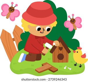 Spring garden illustration with boy building a wooden birdhouse with hammer and nails. Vector country house, farm concept. Cute kid doing gardening work icon. Child clipart isolated on white
