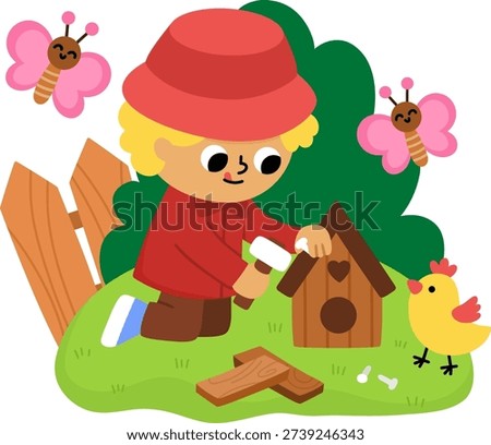 Spring garden illustration with boy building a wooden birdhouse with hammer and nails. Vector country house, farm concept. Cute kid doing gardening work icon. Child clipart isolated on white
