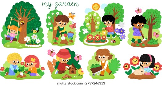 Spring garden illustration set with children doing gardening works. Vector country house, farm concepts collection. Kids planting tree, raking, digging, watering plants icons. Child clipart isolated on white
