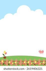 Spring Garden Illustration with Tulips, Wooden Fence, and Butterfly under a Blue Sky. vector illustration.