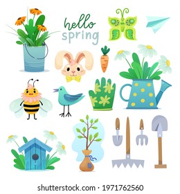 Spring garden illustrations set. Watering can, bee, butterfly, rake, shovel, ttyapki, seedling, seedlings, etc. Flat vector illustration
