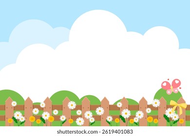 Spring Garden Landscape with Daisies, Wooden Fence, and Butterfly under a Bright Blue Sky. vector illustration.