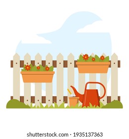 Spring garden landscape with a fence, watering can and flowers. Illustration for the site, postcards.