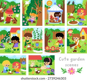 Spring garden landscapes set. Rural nature scenes collection with kids doing gardening works. Vector farm backgrounds. Cute sceneries, pack with children planting, watering plants, cleaning
