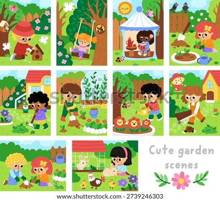 Spring garden landscapes set. Rural nature scenes collection with kids doing gardening works. Vector farm backgrounds. Cute sceneries, pack with children planting, watering plants, cleaning
